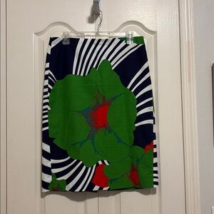 J. Crew Navy and White Striped Pencil Skirt with Green and Red Floral